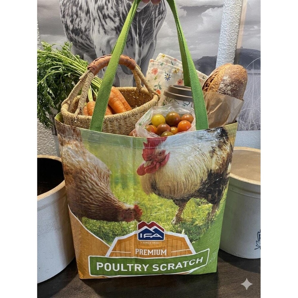 Upcycled IFA Poultry Scratch Feed Bag Tote – Durable Eco-Friendly Farmhouse Mark